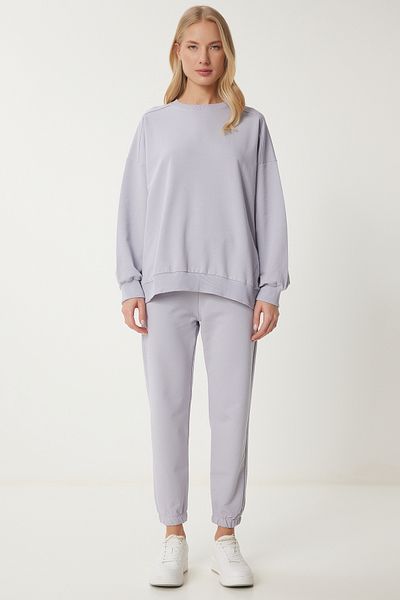 Happiness İstanbul Dámská oversize pletená tepláková souprava Stone Grey Crew Neck FN03456