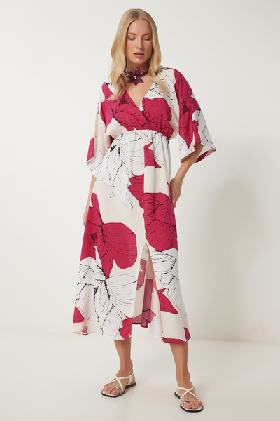 Happiness İstanbul Kadın Koyu Pembe Beyaz Anvelop Yaka Desenli Yazlık Viskon Elbise DK00166