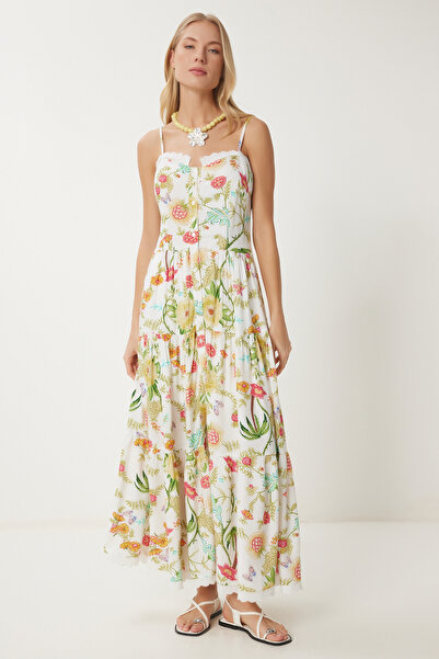 Happiness İstanbul Women's White Yellow Floral Patterned Summer Woven Dress Fn03458