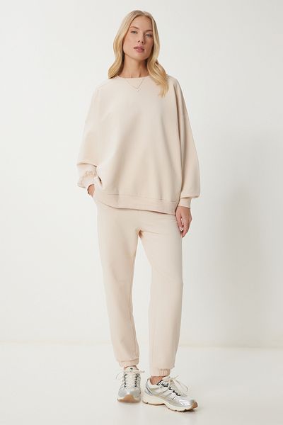 Happiness İstanbul Cremefarbenes Oversize-Strick-Trainingsanzug-Set mit Rundhalsausschnitt für Damen FN03456