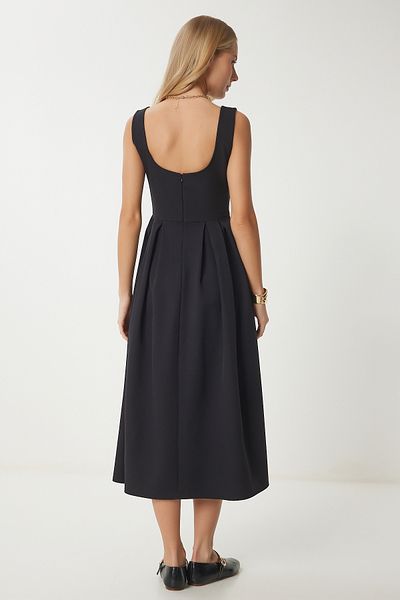 Happiness İstanbul Rochie neagră plisată midi țesută pentru femei UB00314