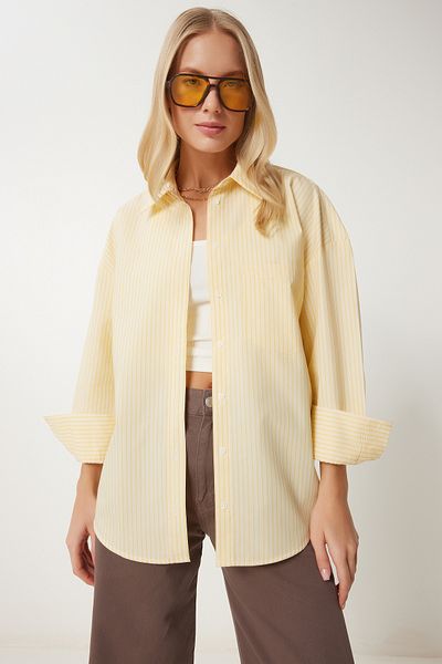 Happiness İstanbul Női sárga csíkos oversize poplin ing HM00067