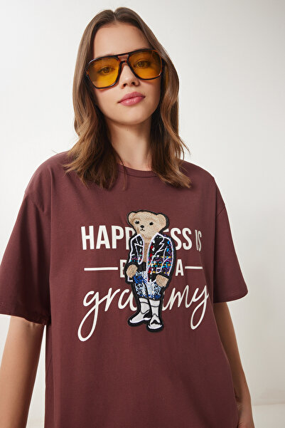 Happiness İstanbul Γυναικείο Καφέ Αρκουδάκι Κεντημένο Βαμβακερό Πλεκτό Μπλουζάκι CR00461