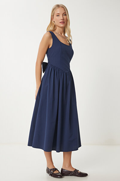 Happiness İstanbul Női sötétkék masnis Midi Poplin ruha UB00306