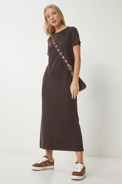 Happiness İstanbul Braunes Basic-Sommer-Modalkleid für Damen SJ00002