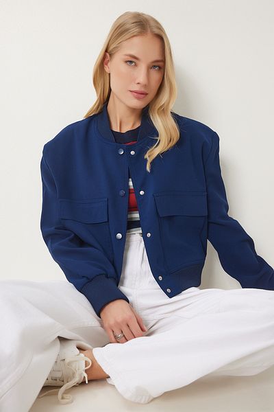 Happiness İstanbul Marineblaue, wattierte, gewebte Bomberjacke für Damen FN03454