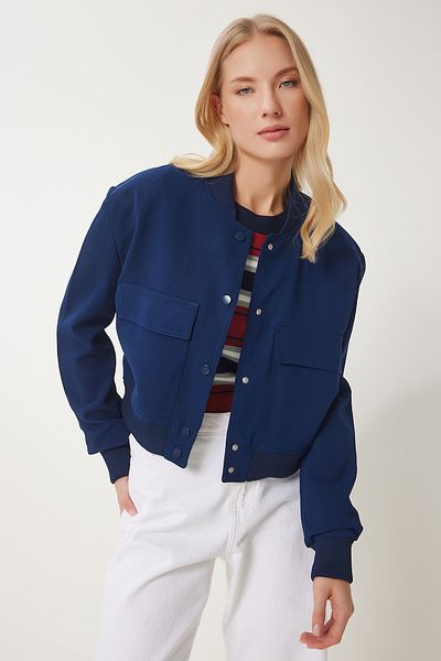 Happiness İstanbul Marineblaue, wattierte, gewebte Bomberjacke für Damen FN03454