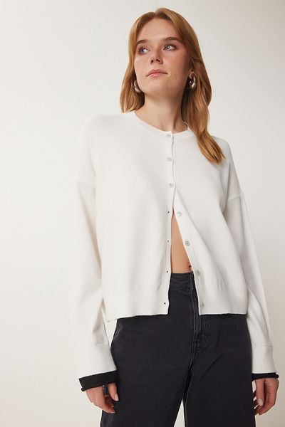 Happiness İstanbul Women's Bone Black Contrast Stripe Detailed Seasonal Knitwear Cardigan Us00953