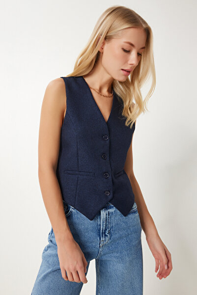 Happiness İstanbul Női sötétkék V-nyakú szőtt mellény GP00016