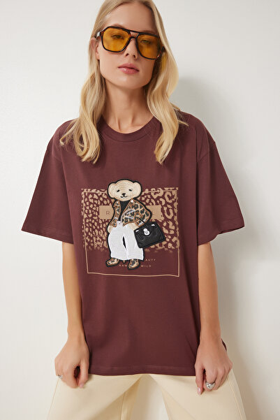 Happiness İstanbul Dámské hnědé oversize pletené tričko CR00464