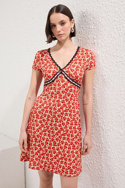 Trendyol Collection Red Mini Stripe Detailed Skater/Waist Opening Knitted Dress Twoss25El00543