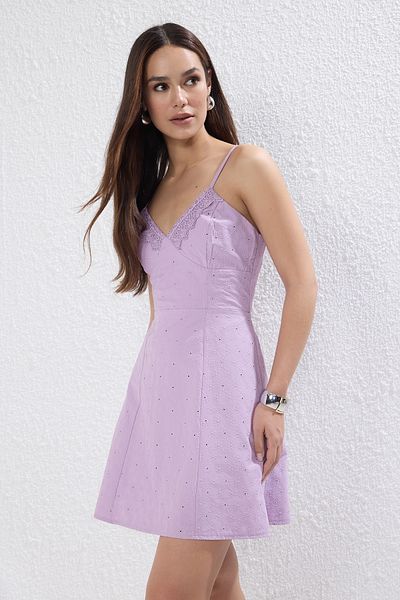 Trendyol Collection Λιλά ίσια φούστα μέση που ανοίγει Μίνι υφαντό φόρεμα TWOSS25EL00317