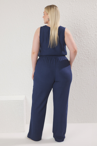 Trendyol Curve Plus Size Navy Blue V-Neck Textured Suit - Tbbss25Cp00020