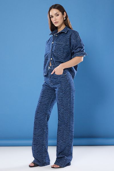 Trendyol Collection Magas derekú sötétkék zebra mintás széles szárú farmernadrág - TWOSS25JE00200
