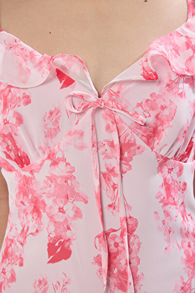 Trendyol Collection Pink Floral A-Line Ruffle Chiffon Flight Flight Woven Midi Dress Twoss25El00568