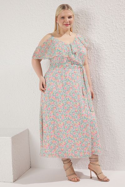 Trendyol Curve Multicolor Floral Chiffon Ruffle Midi Woven Plus Size Dress Tbbss25Ah00162