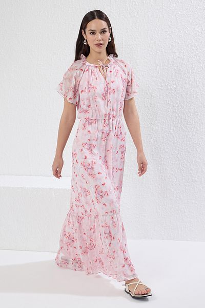 Trendyol Collection Ροζ φλοράλ φούστα με ελαστικό σιφόν Flight Flight υφαντό μάξι φόρεμα TWOSS25EL00570