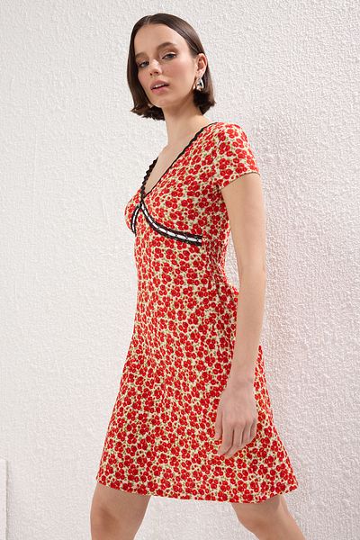 Trendyol Collection Red Mini Stripe Detailed Skater/Waist Opening Knitted Dress Twoss25El00543