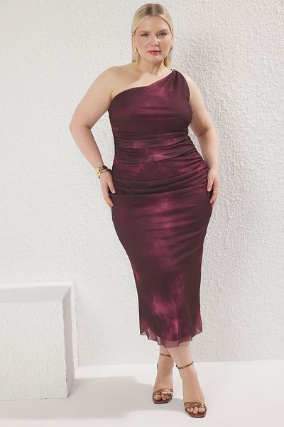 Trendyol Curve Burgunderfarbenes, einärmliges, figurbetontes, detailliertes, dehnbares Strick-Bleistiftkleid aus Tüll TBBSS25AH00116