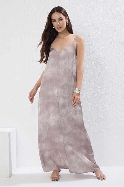 Trendyol Collection Φόρεμα μάξι υφαντό με αφηρημένο σχέδιο βιζόν TWOSS25EL00745