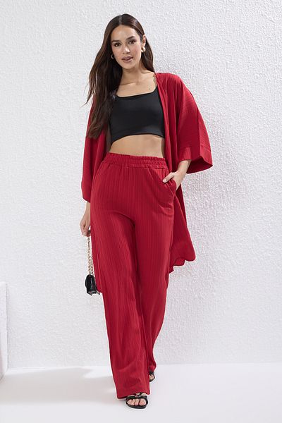 Trendyol Collection Red Kimono and Wide Leg/Wide Leg Pants Woven Two-Piece Bottom-Top Suit Twoss25Au00079