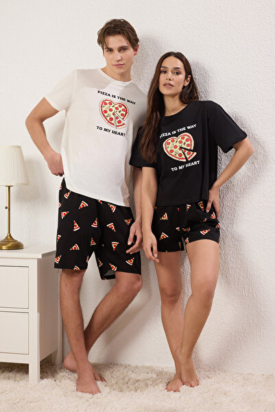 Trendyol Collection Εκρού Μαύρο Regular Fit Pizza με στάμπα 100% βαμβακερό ζε...