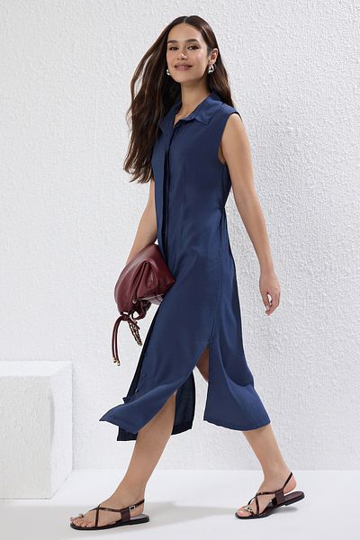 Trendyol Collection Μπλε Navy Modal Midi υφαντό πουκάμισο φόρεμα TWOSS25EL00281