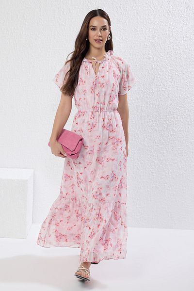 Trendyol Collection Ροζ φλοράλ φούστα με ελαστικό σιφόν Flight Flight υφαντό μάξι φόρεμα TWOSS25EL00570