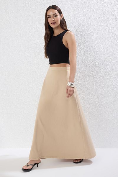 Trendyol Collection Beigefarbener Maxi-Jeansrock mit Volants TWOSS25ET00005