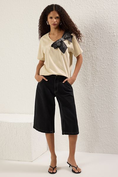 Trendyol Collection Oversize Mold Stone Pletené tričko s mašlí