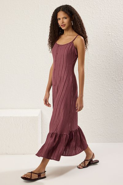 Trendyol Collection Plum Plain Flounced / Ruffle Maxi τετράγωνο γιακά με κουμπιά πλεκτό φόρεμα TWOSS25EL00541