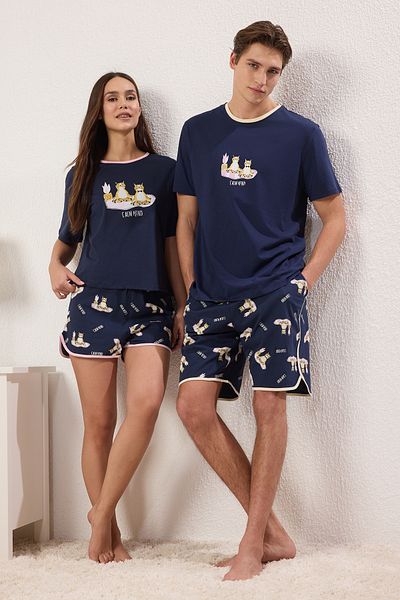 Trendyol Collection Női pár/pár sötétkék 100% pamut macska szlogen rövidnadrág kötött pizsama szett THMSS25PT00345