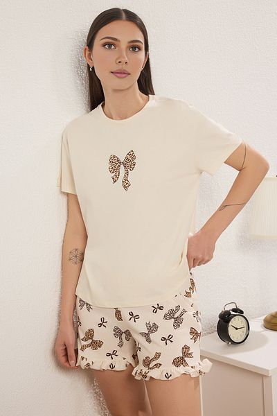 Trendyol Collection Beige 100% Cotton Leopard Ribbon & Rufflezhaidetailed Shorts Pajamas Set Thmss25Pt00347