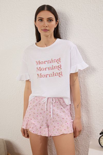 Trendyol Collection Cotton Floral Slogan Flounce Shorts Pajama Set