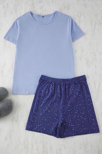 Trendyol Curve Blue Star Patterned Six Ribbed Knitted Pajamas Set Tbbss25Ai00112