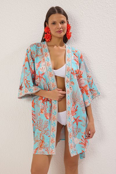 Trendyol Collection Unterwasser-gemusterter Mini-Strandkimono und -Kaftan aus gewebter Baumwolle mit Streifen-Accessoires TBESS25KM00026