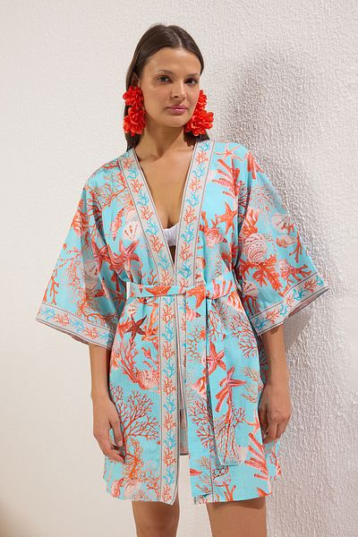 Trendyol Collection Unterwasser-gemusterter Mini-Strandkimono und -Kaftan aus gewebter Baumwolle mit Streifen-Accessoires TBESS25KM00026
