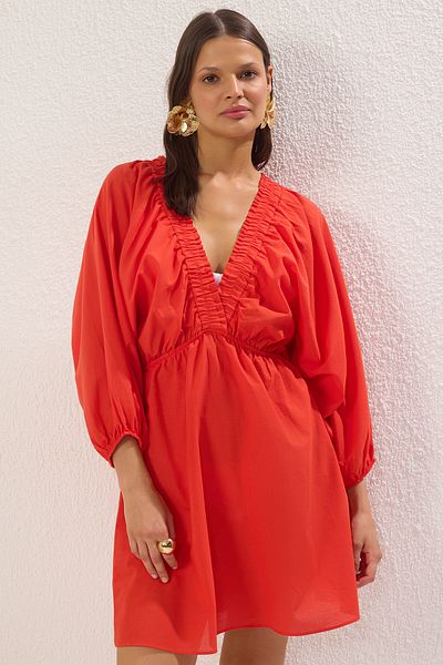 Trendyol Collection Red Mini Woven Balloon Sleeve 100% Cotton Beach Dress Tbess25El00082