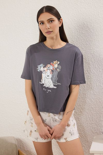 Trendyol Collection Set pijamale din bumbac antracit cu imprimeu pentru câini THMSS25PT00394