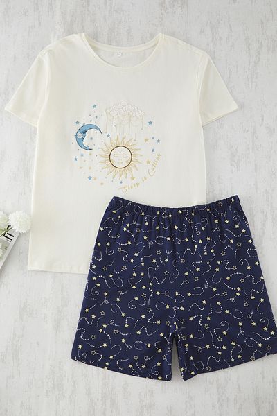 Trendyol Curve Sötétkék Galaxy mintás kötött pizsama szett TBBSS25AI00106