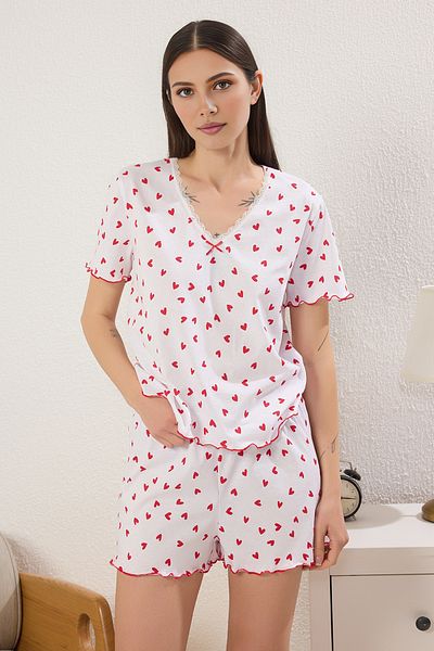 Trendyol Collection Weißes Baby-Pyjama-Set aus 100 % Baumwolle mit Herz-Spitze und Overlock-Detail