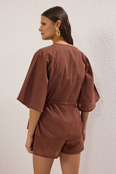 Trendyol Collection Brown Woven Embroidered Beach Mini High Waist Blouse-Shorts Set Tbess25Au00039