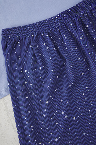 Trendyol Curve Blue Star Patterned Six Ribbed Knitted Pajamas Set Tbbss25Ai00112