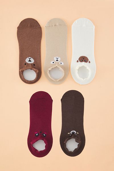 Trendyol Collection Braun-Mehrfarbige 5er-Pack bedruckte Booties-Socken aus Baumwolle THMAW22CO0231