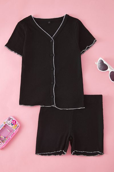 TRENDYOLKIDS Black Girl's V-Neck Knitted Bottom-Top Suit Tkdss25Au00106