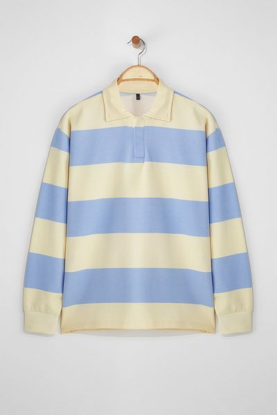 Trendyol Collection Blau gestreiftes Unisex-Poloshirt in Übergröße – TMNSS25SW00001