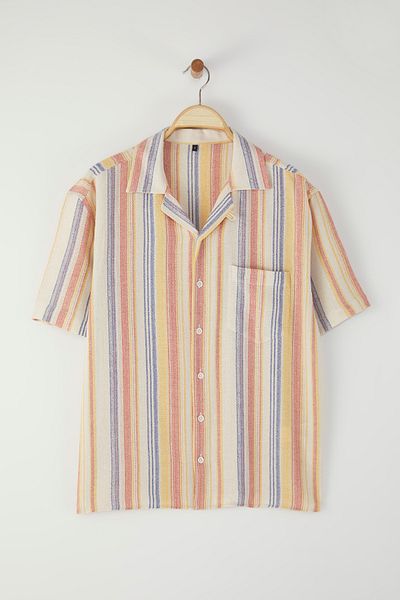Trendyol Collection Mehrfarbiges, übergroßes, gestreiftes Herrenhemd aus Stoff TMNSS25GO00065