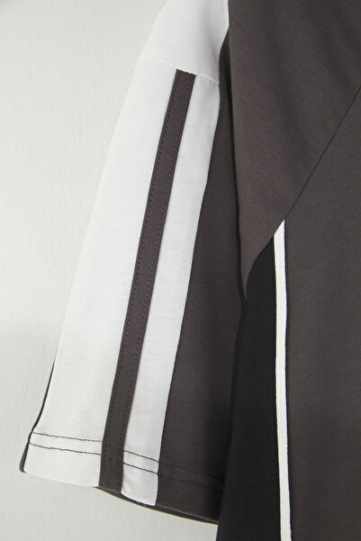 Trendyol Collection Anthracite College Print Oversize Cotton T-Shirt - Tmnss25Ts00095