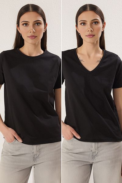 Trendyol Collection Black-Black 2-Pack 100% Cotton Regular Bicycle-V-Neck Knitted T-Shirt Twoss25Ts00189