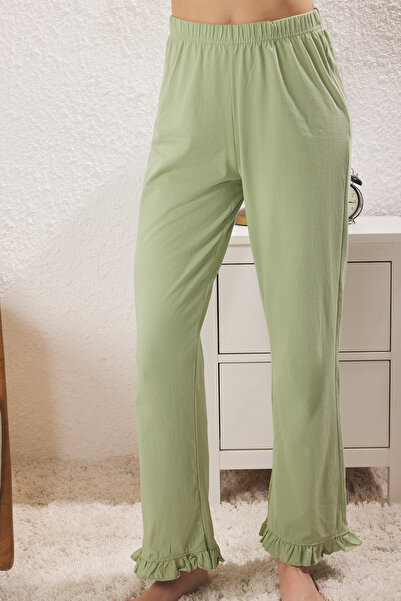Trendyol Collection Ecru-Green 100% Cotton Ruffle Detailed Knitted Pajama Set Thmss24Pt00223
